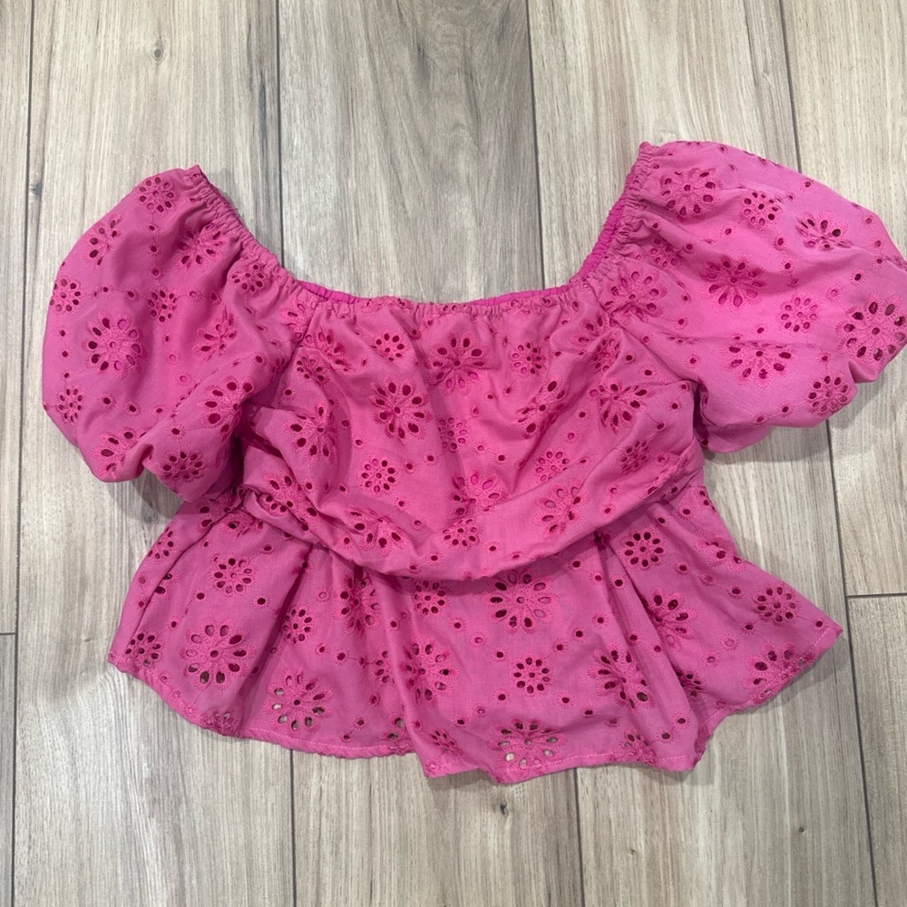 Pink Puff Sleeve Eyelet  Crop Blouse  Off  The Shoulders Cottagecore Peasant Med